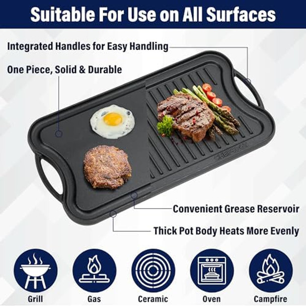 Griddle Pan for Stove Top – 20" Reversible Cast Iron Double Burner Griddle Plate Multi-Use Preseasoned Pancake Pan with Handles - Works on most Stovetops Grills and Fire