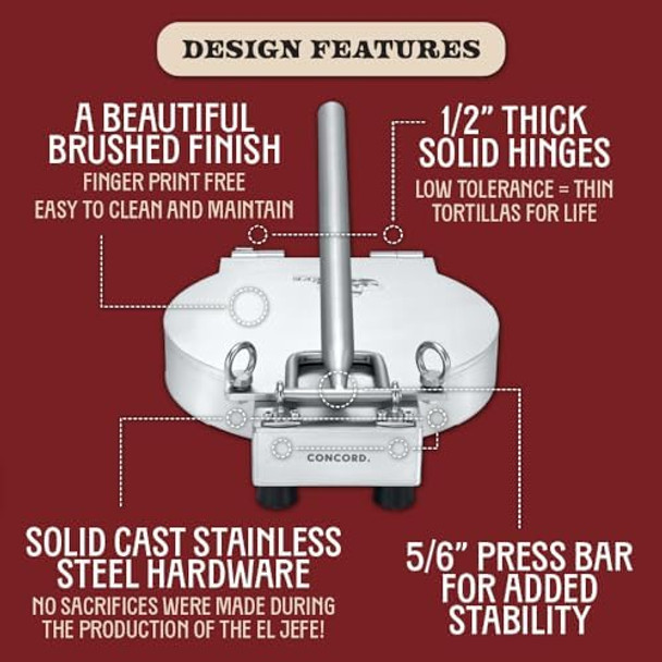 Concord 11" Stainless Steel EL JEFE Commercial Grade Tortilla Press. 2 Gauge Thickness 18 LBS. Perfect Maker for Flour or Corn Tortillas Quesadillas Roti and much more