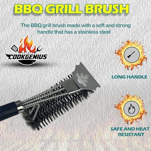 BBQ Grill Brush and Scraper - Adjustable Handle Strong Stainless Steel Brush for Indoor/Outdoor Grilling - 3 in 1 Bristles Grill Cleaning Brush - BBQ Accessories for Men & Women