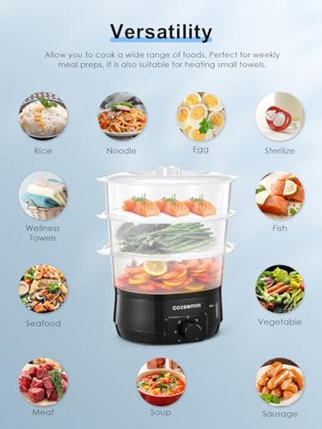 13.7QT Electric Food Steamer for Cooking Vegetable Steamer with 3 Tiers BPA- Baskets 800W Fast Simultaneous Cooking 60-Minute Timer Ideal for Veggies Seafood Rice