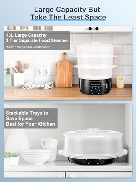 13.7QT Electric Food Steamer for Cooking Vegetable Steamer with 3 Tiers BPA- Baskets 800W Fast Simultaneous Cooking 60-Minute Timer Ideal for Veggies Seafood Rice