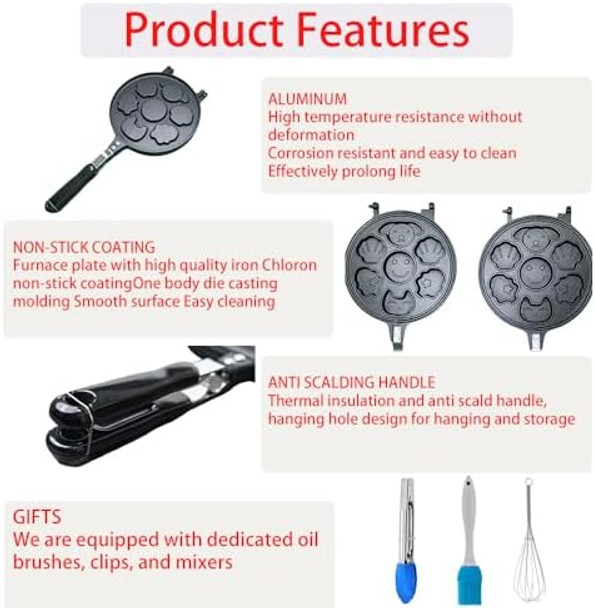 Animal Mini Waffle pan - Make 7 Different Shaped Pancakes Gas and Electric Stovetop Compatible Waffle Iron Comes with Silicone Oil Brush Stirrer and Silicone Clip