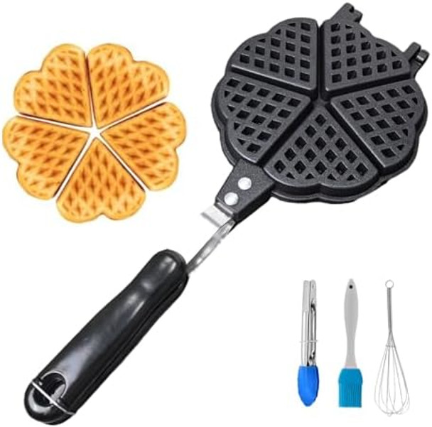 Stovetop Heart Shaped Waffle Pan Set of 1 - Cast Iron Waffle Pan Maker for Pancakes Puffs and Non Stick Cookware Waffles - Non-Electric Stovetop Griddle Panwaffle for Gas Stove