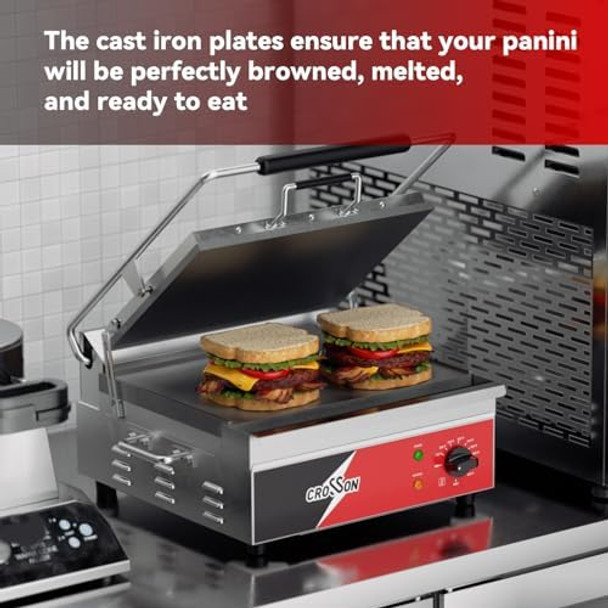 CROSSON 15"×11" Ribbed ETL Listed Commercial Electric Panini Grill Hinged Auto Leveling Top Plate Panini Press Sandwitch Maker