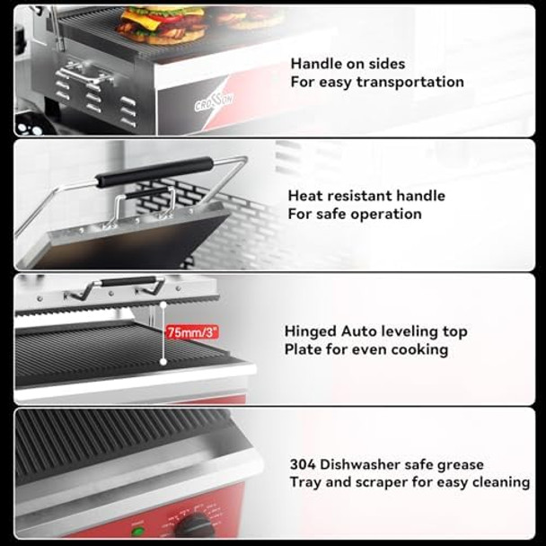 CROSSON 15"×11" Ribbed ETL Listed Commercial Electric Panini Grill Hinged Auto Leveling Top Plate Panini Press Sandwitch Maker
