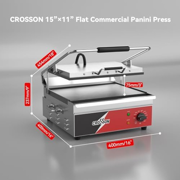 CROSSON 15"×11" Ribbed ETL Listed Commercial Electric Panini Grill Hinged Auto Leveling Top Plate Panini Press Sandwitch Maker