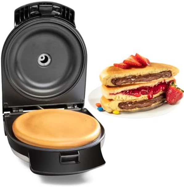 Electric Stuffed Pancake Maker- Make a GIANT Stuffed Waffle or Pan Cake in Minutes- Add Fillings for Delicious Breakfast or Dessert Nonstick Baker Machine w Silicone Batter Funnel for Easy Use-