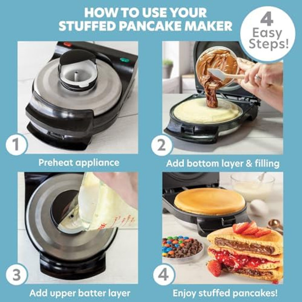 Electric Stuffed Pancake Maker- Make a GIANT Stuffed Waffle or Pan Cake in Minutes- Add Fillings for Delicious Breakfast or Dessert Nonstick Baker Machine w Silicone Batter Funnel for Easy Use-