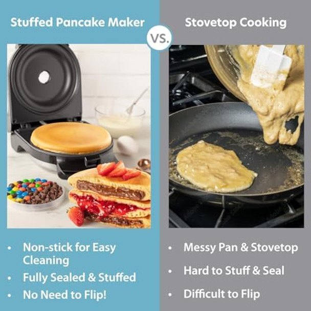 Electric Stuffed Pancake Maker- Make a GIANT Stuffed Waffle or Pan Cake in Minutes- Add Fillings for Delicious Breakfast or Dessert Nonstick Baker Machine w Silicone Batter Funnel for Easy Use-