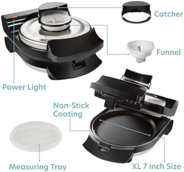 Electric Stuffed Pancake Maker- Make a GIANT Stuffed Waffle or Pan Cake in Minutes- Add Fillings for Delicious Breakfast or Dessert Nonstick Baker Machine w Silicone Batter Funnel for Easy Use-