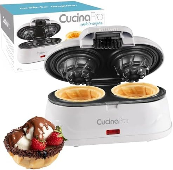 Double Waffle Bowl Maker- Make two 4" Ice Cream Cone Bowls at Once NonStick Electric Baker for Homemade Icecream Treats Easy to Use Iron Add Favorite Fillings Toppings Fun Party Dessert