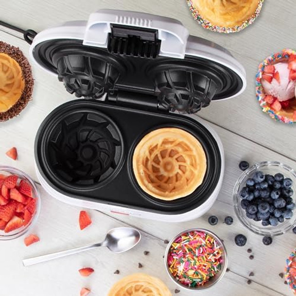 Double Waffle Bowl Maker- Make two 4" Ice Cream Cone Bowls at Once NonStick Electric Baker for Homemade Icecream Treats Easy to Use Iron Add Favorite Fillings Toppings Fun Party Dessert