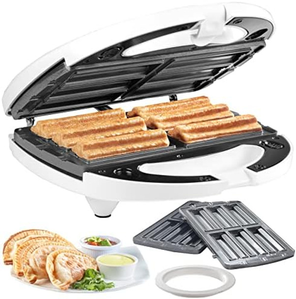 Empanada & Churro Maker Machine- Electric Cooker w 4 Removable Plates- Easier than a Press- Includes Dough Cutting Circle for Easy Measurement Mexican Dinner Party Night Treat Dessert Food Supplies