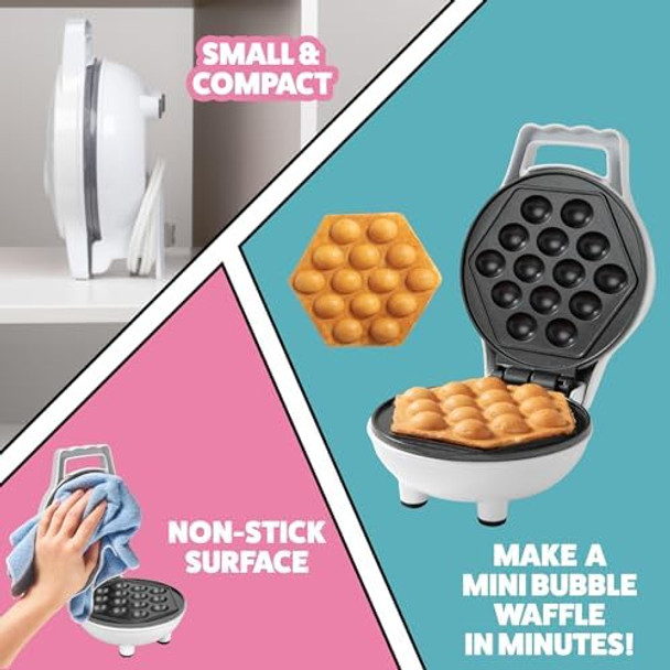 Bubble Mini Waffle Maker- Make Breakfast Special w Tiny Hong Kong Egg Style Design 4" Individual Waffler Iron Electric NonStick Baker w Recipes- Ice Cream Treat Dessert Dorm Room Essential