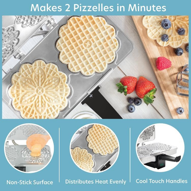 Pizzelle Maker- Nonstick Electric Baker Press Makes Two 5-Inch Cookies at Once- Recipe Guide Included- Fun Baking Supplies for Party- Italian Dessert Treat Making Made Easy- Housewarming for Her