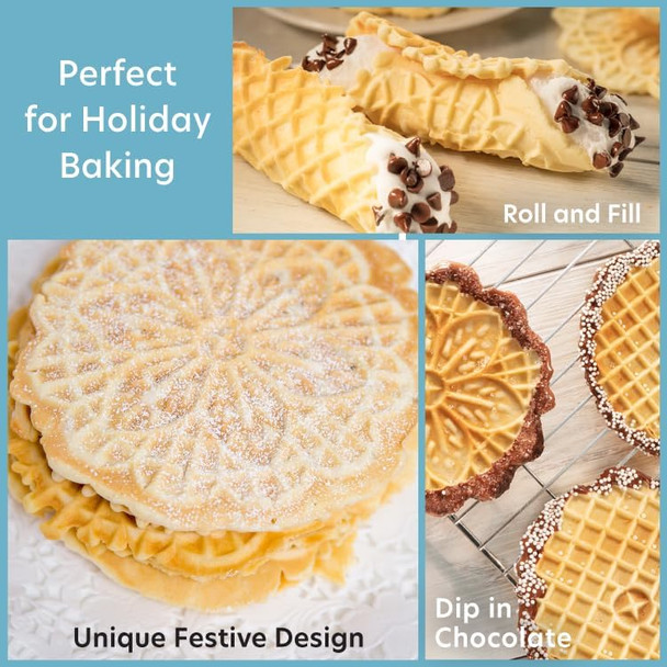 Pizzelle Maker- Nonstick Electric Baker Press Makes Two 5-Inch Cookies at Once- Recipe Guide Included- Fun Baking Supplies for Party- Italian Dessert Treat Making Made Easy- Housewarming for Her