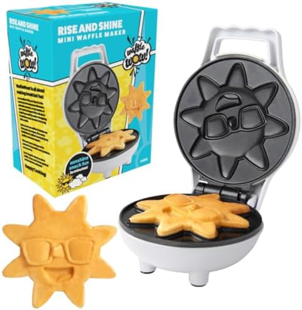Rise & Shine Mini Sun Waffle Maker- Personal-Sized 4" Sunshine Smile Individual Waffles for Kids Adults- Cute Non-Stick Electric Waffler Iron- Breakfast Pan Cake Fun for Spring Summer Morning-
