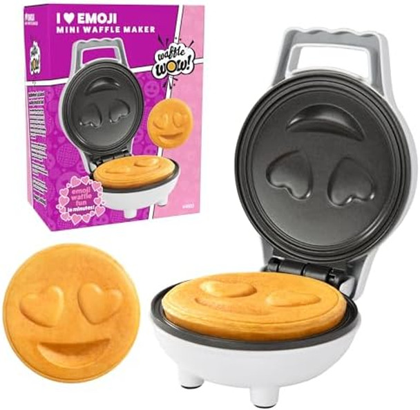 Heart Eyes Emoji Mini Waffle Maker- Special Breakfast w Cute Personal-Sized 4" Smiley Face Pancakes- Electric NonStick Baker Iron with Recipes- Loving Treat for Her Him- Kids Adults Easy Fun Bake
