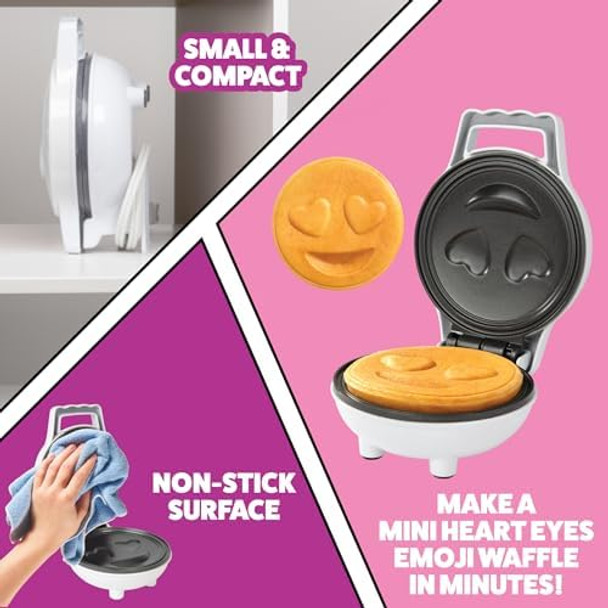Heart Eyes Emoji Mini Waffle Maker- Special Breakfast w Cute Personal-Sized 4" Smiley Face Pancakes- Electric NonStick Baker Iron with Recipes- Loving Treat for Her Him- Kids Adults Easy Fun Bake