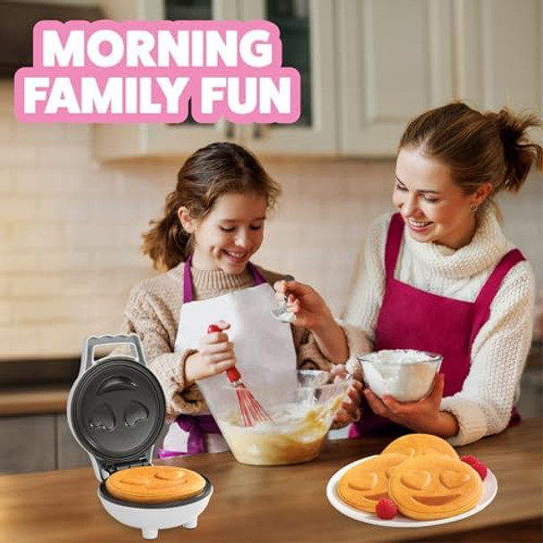 Heart Eyes Emoji Mini Waffle Maker- Special Breakfast w Cute Personal-Sized 4" Smiley Face Pancakes- Electric NonStick Baker Iron with Recipes- Loving Treat for Her Him- Kids Adults Easy Fun Bake