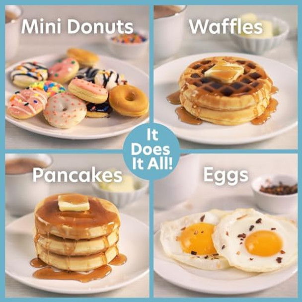 3 in 1 Mini Breakfast Maker- Make Mini Waffles Donuts Pancakes or Eggs all in 1 Multi Use Appliance- Easily Swap & Clean Interchangeable Griddle Plates- Small Electric Nonstick Baker for Any Occasion