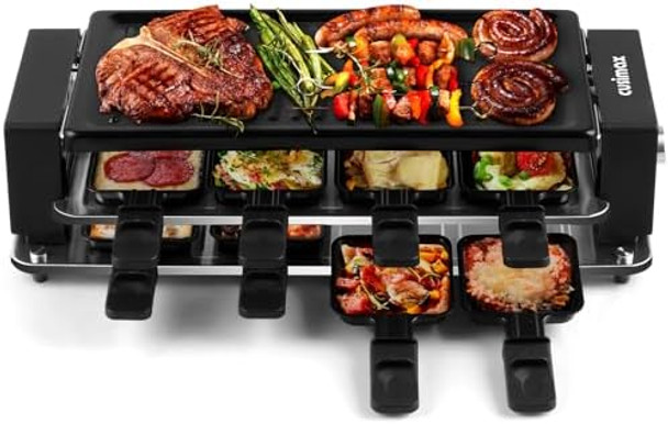CUSIMAX Raclette Grill Korean BBQ Grill Portable Raclette Table Grill Electric Grill with Non-stick Plate Adjustable Temperature Control Indoor Grill with Cool Touch Handles 8 Cheese Trays for Fun