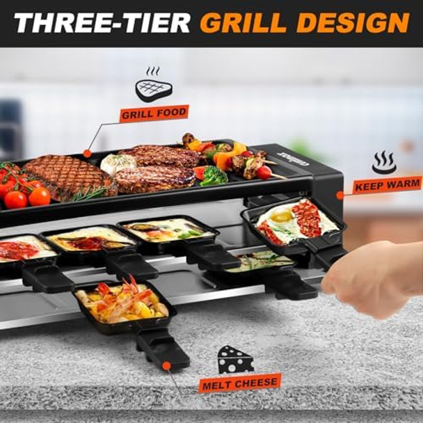 CUSIMAX Raclette Grill Korean BBQ Grill Portable Raclette Table Grill Electric Grill with Non-stick Plate Adjustable Temperature Control Indoor Grill with Cool Touch Handles 8 Cheese Trays for Fun