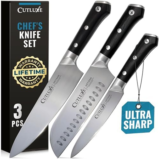 Cutluxe Chef Knife Set 3 PCS Professional Chef's Knife Set – Razor Sharp German Steel Full Tang Ergonomic Handles - Artisan Series