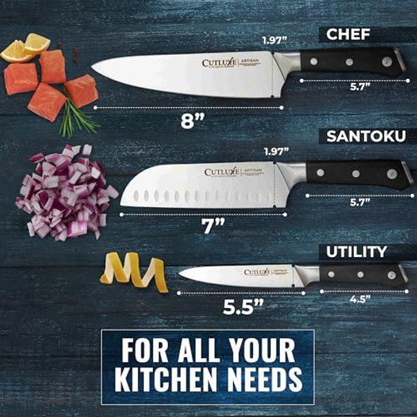 Cutluxe Chef Knife Set 3 PCS Professional Chef's Knife Set – Razor Sharp German Steel Full Tang Ergonomic Handles - Artisan Series