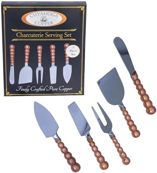 Charcuterie Serving Set - Premium 5-Piece Stainless Steel & Pure Copper Cheese Knife Utensil Set - Elegant Box - Perfect for Cheese Boards Entertaining Parties and ing