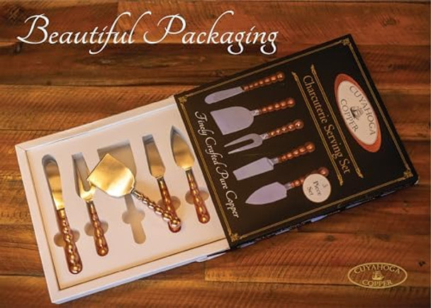 Charcuterie Serving Set - Premium 5-Piece Stainless Steel & Pure Copper Cheese Knife Utensil Set - Elegant Box - Perfect for Cheese Boards Entertaining Parties and ing