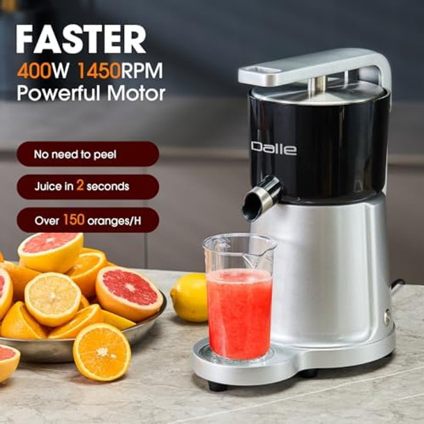 DALLE Commercial Citrus Juicer Detachable Orange Lemon and Grapefruit Juice Squeezer with Splash Cover 2 Cones & 2 Pulp Filter 1450 RPM 400W 120V Cast Aluminum Citrus Juicer Machine