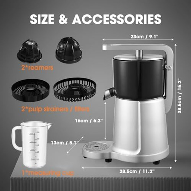 DALLE Commercial Citrus Juicer Detachable Orange Lemon and Grapefruit Juice Squeezer with Splash Cover 2 Cones & 2 Pulp Filter 1450 RPM 400W 120V Cast Aluminum Citrus Juicer Machine