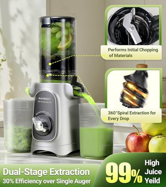 Cold Press Juicer Machines Slow Masticating Pure Juice Extractor High Juice Yield 4.1 IN Large Feed Chute for Whole Fruits and Veggies Dual Replaceable Filters 120V Quiet Motor Easy to Clean Grey
