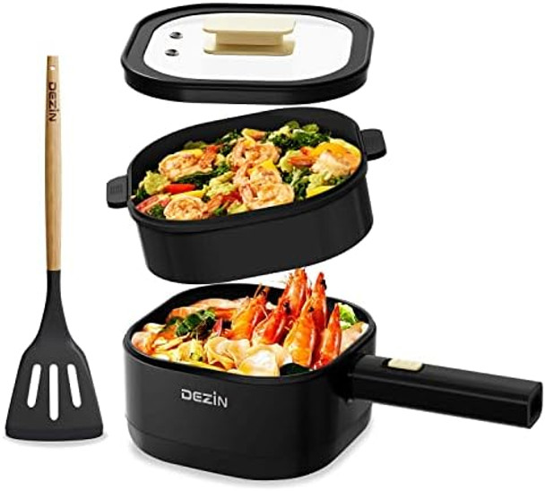 Dezin 2L Electric Hot Pot with Steamer Rapid 800W Non-Stick Ceramic Coating Dorm Cooking Pot Plug in Electric Pan Cooker with Adjustable Power for College Hotel Office(Silicone Spatula Included)
