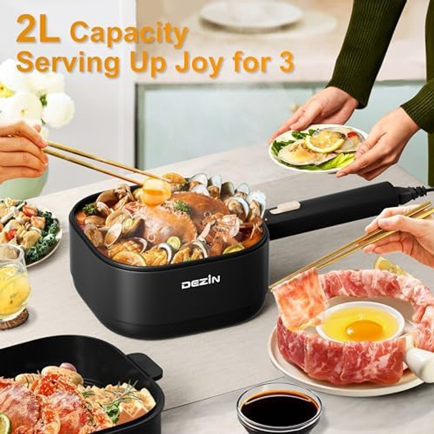 Dezin 2L Electric Hot Pot with Steamer Rapid 800W Non-Stick Ceramic Coating Dorm Cooking Pot Plug in Electric Pan Cooker with Adjustable Power for College Hotel Office(Silicone Spatula Included)
