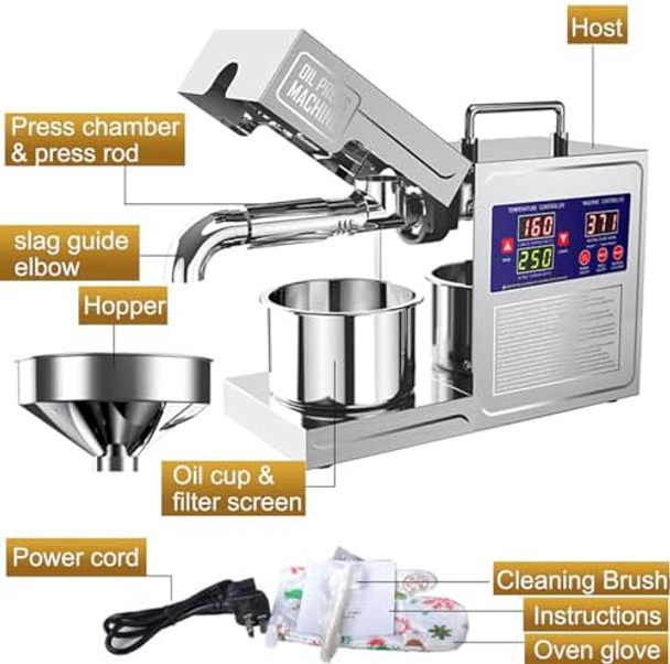 Oil Press Machine Oil Extractor Commercial Automatic Stainless Steel Cold Press Oil Machine Electric Seed Oil Maker Silver Oil Pressure Machine for Home Use 820 W 110 V US Plug