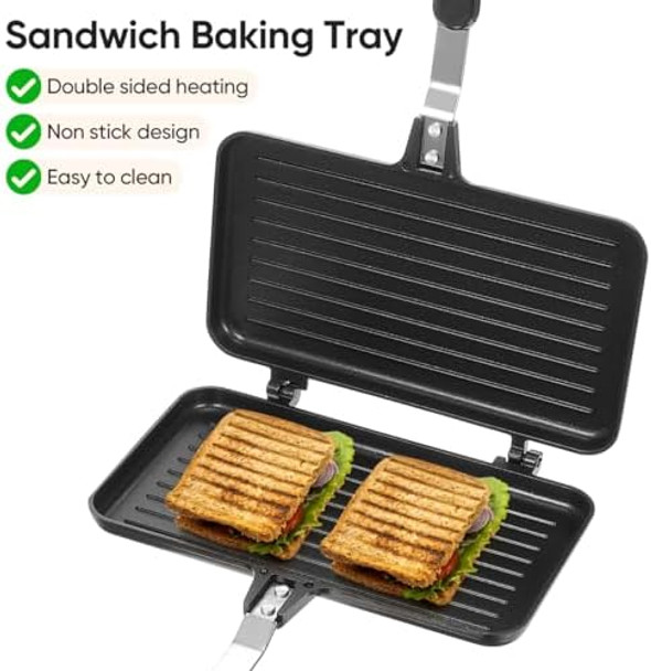 Double- Sided Frying Pan Non- Stick Grill Pan Waffle Maker Sandwich Baking Mold for Cake Toast Snack Breakfast Aluminum Sandwich Maker