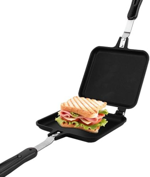Double-Sided Frying Pan Aluminum Sandwich Pan Breakfast Non Stick Frying Pan Waffle Maker Flat Bottom Panini Maker Pan with Handle Omelette Pan Flip Pan for Cake Toast Sandwich