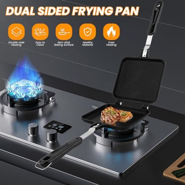 Double-Sided Frying Pan Aluminum Sandwich Pan Breakfast Non Stick Frying Pan Waffle Maker Flat Bottom Panini Maker Pan with Handle Omelette Pan Flip Pan for Cake Toast Sandwich
