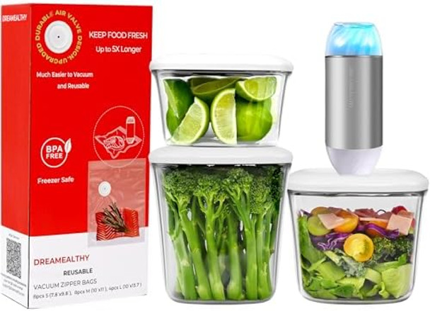 Bundle 1L+1.5L+2L Vacuum Seal Containers with Compact Handheld Vacuum Sealer 2 Sous Vide Bags. 20 Reusable Vacuum Sealer Bags(8 Small 8 Medium 4 Large)