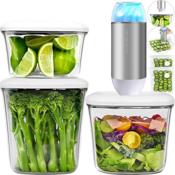 Bundle 1L+1.5L+2L Vacuum Seal Containers with Compact Handheld Vacuum Sealer 2 Sous Vide Bags. 20 Reusable Vacuum Sealer Bags(8 Small 8 Medium 4 Large)