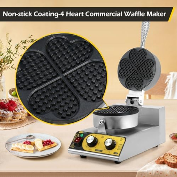 Dyna-Living Commercial Heart Shaped Waffle Maker 1200W Non-stick Electric Hotel Waffle Maker 4 Heart