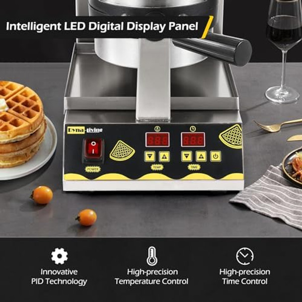 Dyna-Living Belgian Waffle Maker Commercial Intelligent Round Waffle Maker Rotating 180° Nonstick Flip Waffle Iron Machine Professional Commercial Waffle Maker for Restaurant 110V 1200W