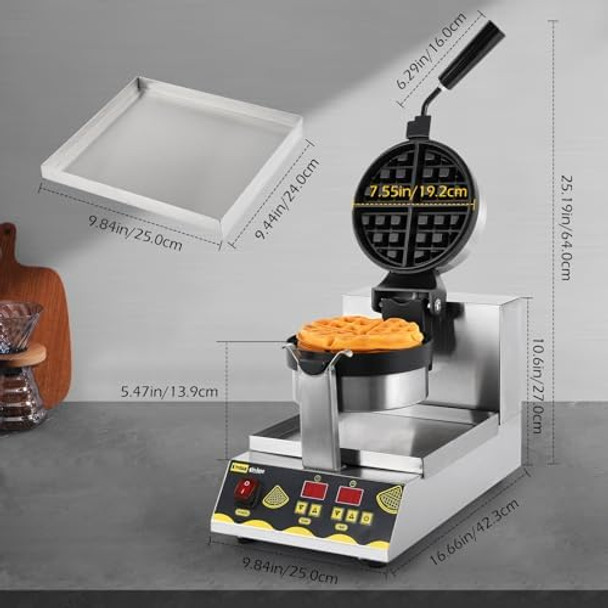 Dyna-Living Belgian Waffle Maker Commercial Intelligent Round Waffle Maker Rotating 180° Nonstick Flip Waffle Iron Machine Professional Commercial Waffle Maker for Restaurant 110V 1200W