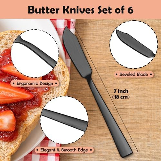 E-far Butter Spreader Knife Set of 6 7-Inch Stainless Steel Cheese Dessert Knives for Kitchen Restaurant Party Matte Black