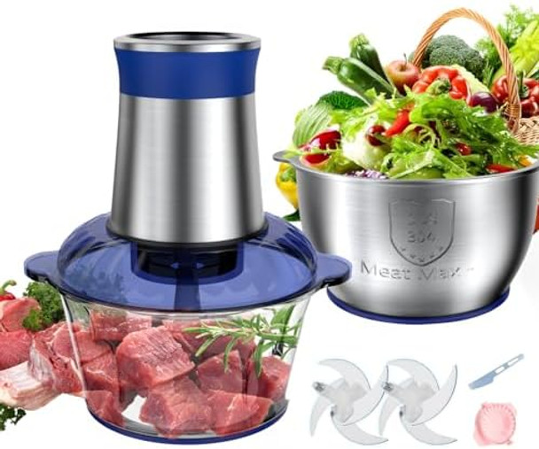 Electric Food Processor with 8 Cup+8 Cup Stainless Steel &Glass Bowls 3 Speed Mode Meat Grinder with 2 Sets Blades Food Chopper for Family & Baby Food Meat Fruit Onion Vegetables (Black)