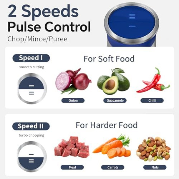 Electric Food Processor with 8 Cup+8 Cup Stainless Steel &Glass Bowls 3 Speed Mode Meat Grinder with 2 Sets Blades Food Chopper for Family & Baby Food Meat Fruit Onion Vegetables (Black)