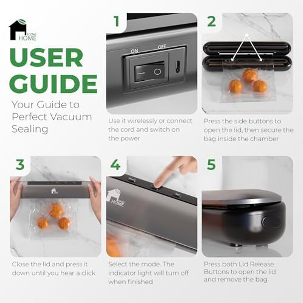 EconoHome Cordless Food Vacuum Sealer Machine - Rechargeable & Portable Sous Vide Vacuum Sealer with Built-In Cutter - Seals in 10 Seconds - 11.8" Width with 3 Sealing Modes & 1 Bag Roll 77" x 11"