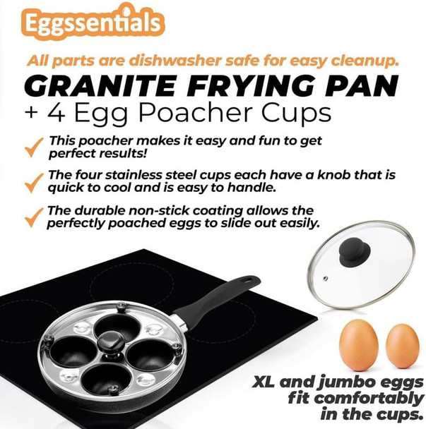 Eggssentials 2 IN 1 Egg Pan & Egg Poacher Pan Granite Nonstick Fry Pan Poached Egg Maker and Frying Skillet with Lid Poached Eggs Cooker Food Grade Safe PFOA with Spatula Egg Cookware - 4 Cups